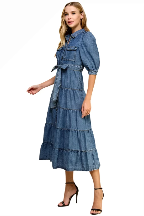 Denim Tiered Shirt Dress Side View